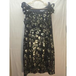 Donna Ricco dress womens size 16 ruffled sleeve black gold floral knee length